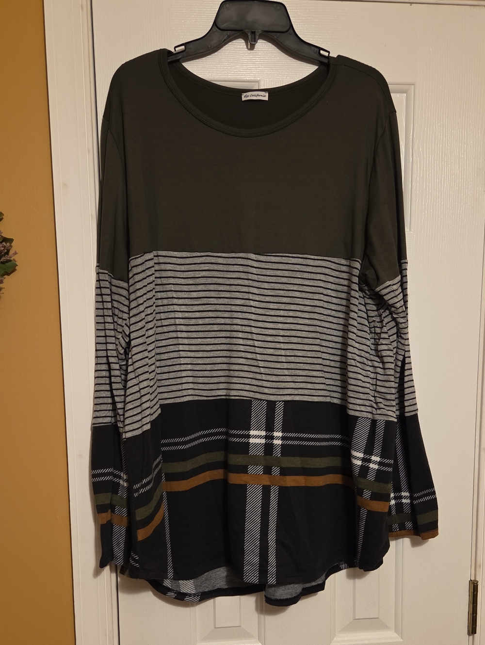 Egs California Olive & Black Striped Plaid Long Sleeve Top